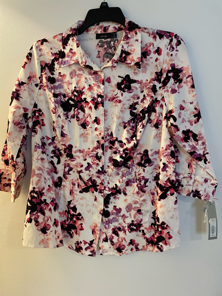 Apt. 9 White Button-Up Shirt With Pink & Black Floral Print